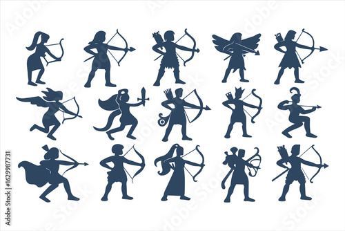 Collection of archer silhouettes in various poses. Vector illustration set of mythological hunters and warriors isolated on a white background.