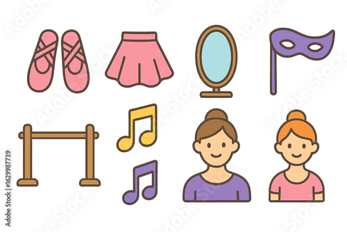 Dance Class Icons. Flat vector mini-illustrations traditional dance classes in colors children's illustrations: dance shoes, skirt