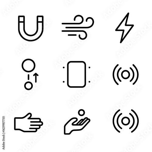 Invisible Forces Icon Set. Outline icon set of invisible force: magnetic field, wind gust, electric spark, gravitational pull,