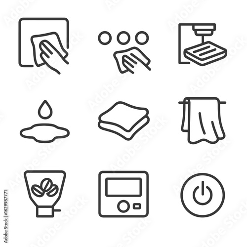 Daily Wipe-Down Icons. Outline icon set of daily wipe-down routine: exterior panel, control buttons, drip tray removal, water