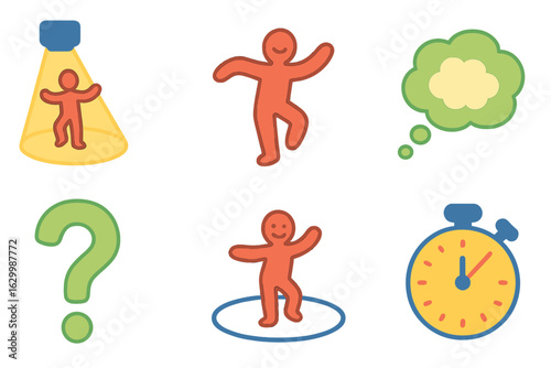 Dance Exercise Icons. Flat vector mini-illustrations improvisation dance exercises in colors children's illustrations: spotlight,