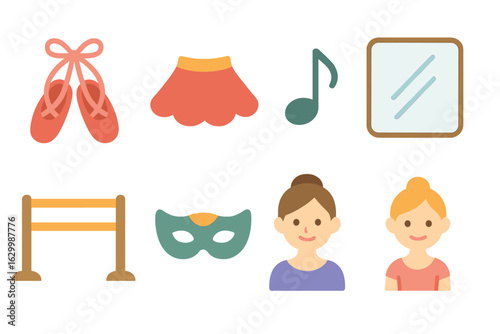 Dance Class Icons. Flat vector mini-illustrations traditional dance classes in colors children's illustrations: dance shoes, skirt