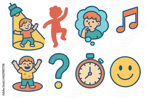 Dance Exercise Icons. Flat vector mini-illustrations improvisation dance exercises in colors children's illustrations: spotlight,