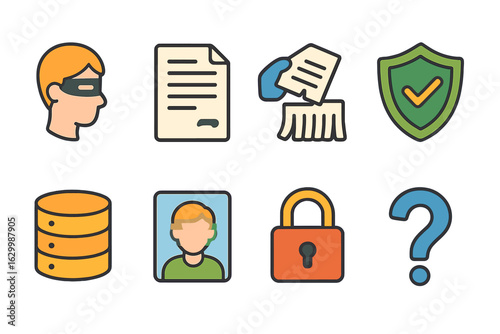 Data Anonymization Icons. Flat vector mini-illustrations user data anonymization process in colors children's illustrations: