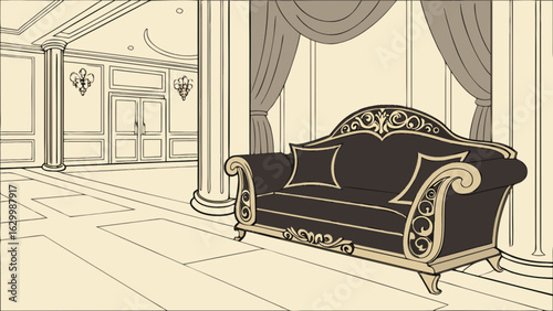 Elegant interior design illustration of luxurious sofa in a grand hall with columns and curtains decor