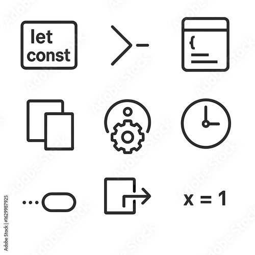JavaScript Features Icons. Outline icon set of JavaScript ES6+ features: let and const, arrow function, classes, modules, promises