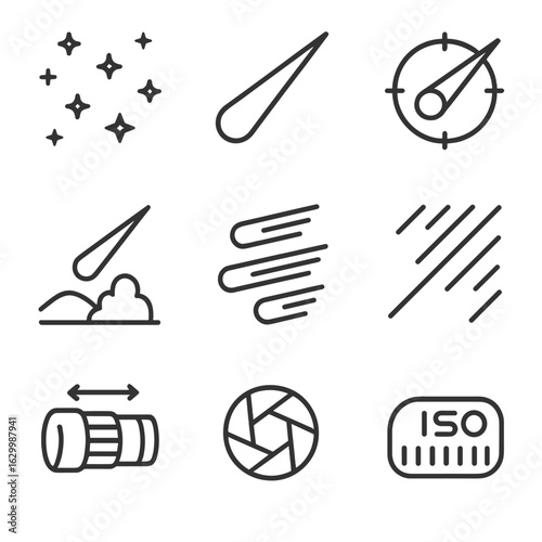 Comet Photography Icons. Outline icon set of comet photography elements: star field, comet head, tail alignment, foreground