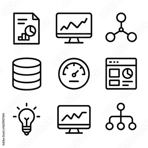 Data Leadership Icon Set. Outline icon set of data-driven leadership tools: analytics report, real-time chart, predictive model,