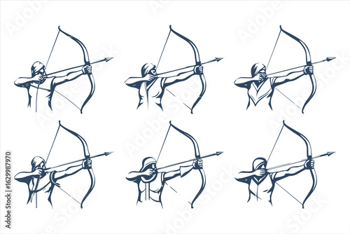 Collection of archer silhouettes in various poses. Vector illustration set of mythological hunters and warriors isolated on a white background.