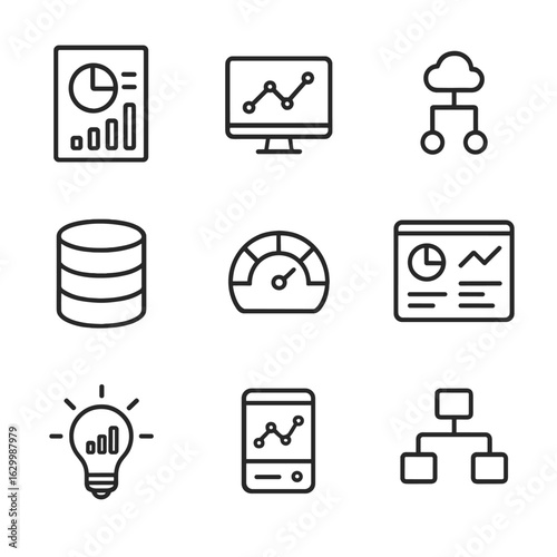 Data Leadership Icon Set. Outline icon set of data-driven leadership tools: analytics report, real-time chart, predictive model,