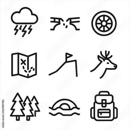 Journey Challenge Icons. Outline icon set of journey challenges: storm cloud, broken bridge, flat tire, lost map, steep hill, wild