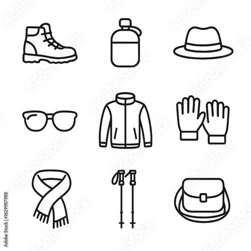 Journey Gear Icons. Outline icon set of journey personal gear: hiking boots, water flask, hat, sunglasses, jacket, gloves, scarf,