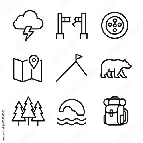 Journey Challenge Icons. Outline icon set of journey challenges: storm cloud, broken bridge, flat tire, lost map, steep hill, wild
