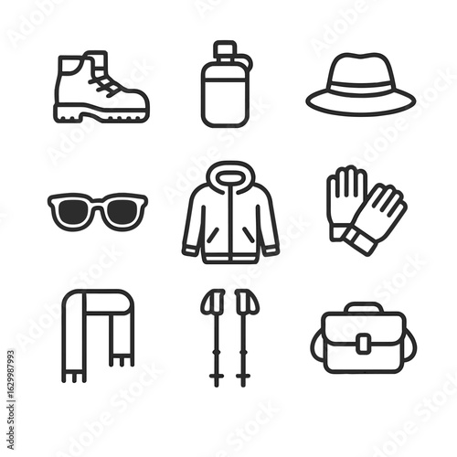 Journey Gear Icons. Outline icon set of journey personal gear: hiking boots, water flask, hat, sunglasses, jacket, gloves, scarf,