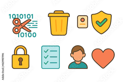 Data Privacy Icons. Flat vector mini-illustrations data minimization techniques in colors children's illustrations: scissors