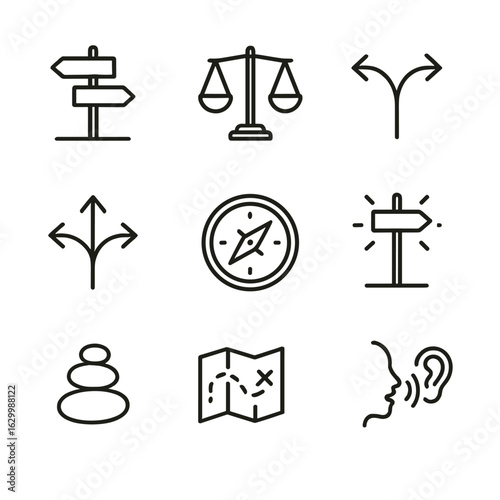 Decision-Making Icons Grid. Outline icon set of decision-making guidance: crossroads signpost, weighing scales, path divergence,