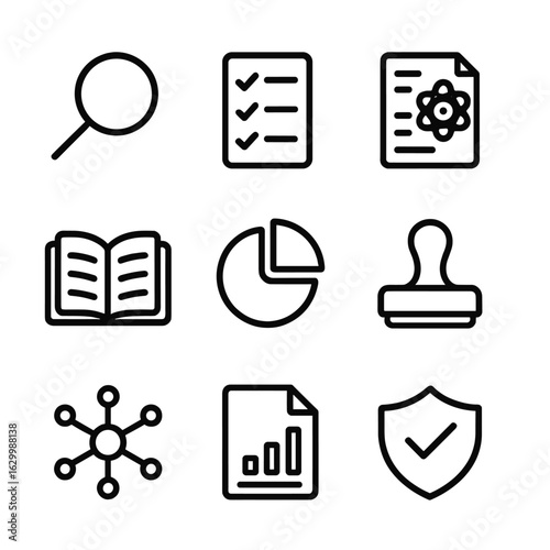 Decentralized Charity Audit Icons. Outline icon set of decentralized charity auditing: magnifying glass, checklist, smart contract