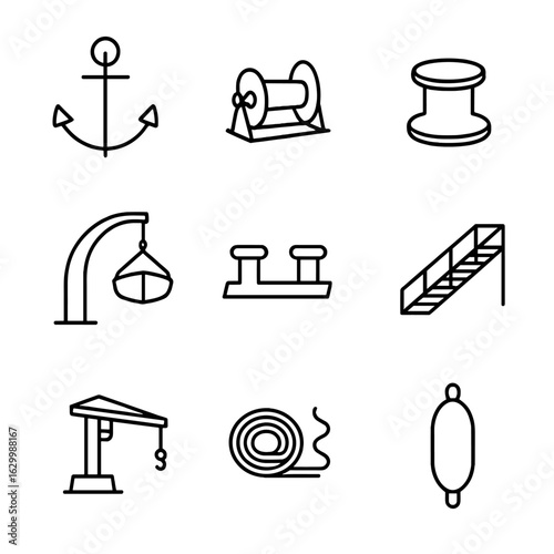 Deck Equipment Icons. Outline icon set of deck equipment and operations: anchor, winch, capstan, lifeboat davit, bollard, gangway,