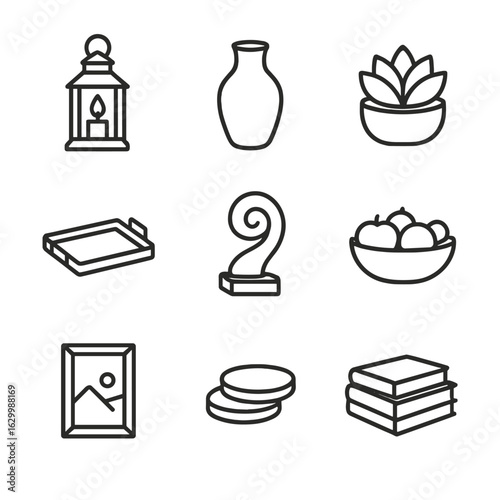 Decorative Accent Icons. Outline icon set of decorative tabletop accents: candle lantern, ceramic vase, succulent planter,
