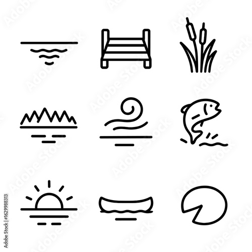 Lake Icon Set. Outline icon set of lake horizon: calm water reflection, docks silhouette, reeds outline, distant tree line,