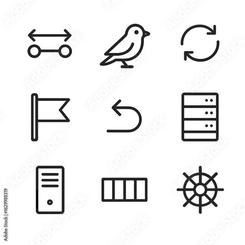 Deployment Icon Set. Outline icon set of deployment strategies and environments: blue-green switch, canary bird, rolling update