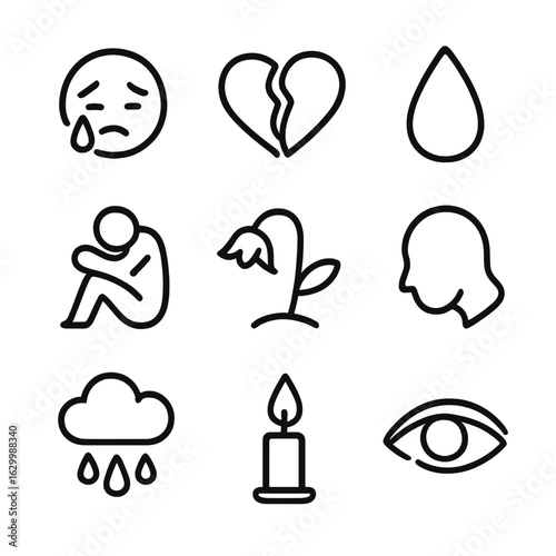 Lament Icons Grid. Outline icon set of lament emotions: crying face, broken heart, teardrop, grieving figure, wilted flower, bowed