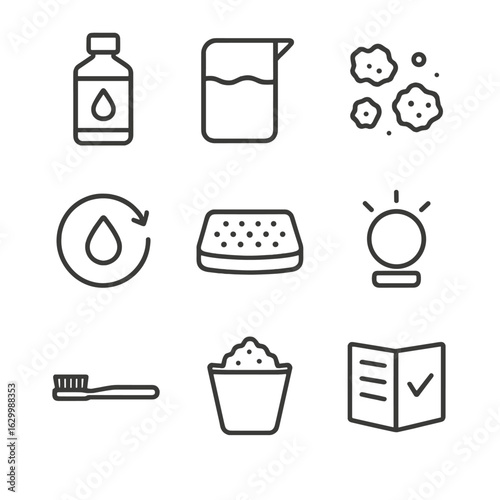 Descaling Maintenance Icons. Outline icon set of descaling maintenance: descaling solution bottle, water reservoir, scale buildup