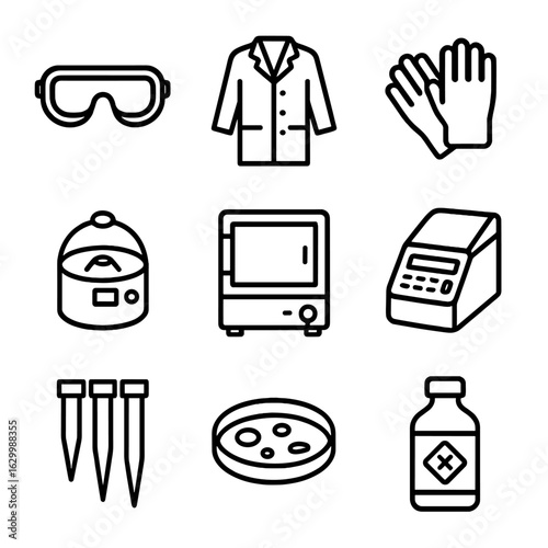 Lab Equipment Icons. Outline icon set of lab environment: safety goggles, lab coat, gloves, centrifuge, incubator, PCR machine,