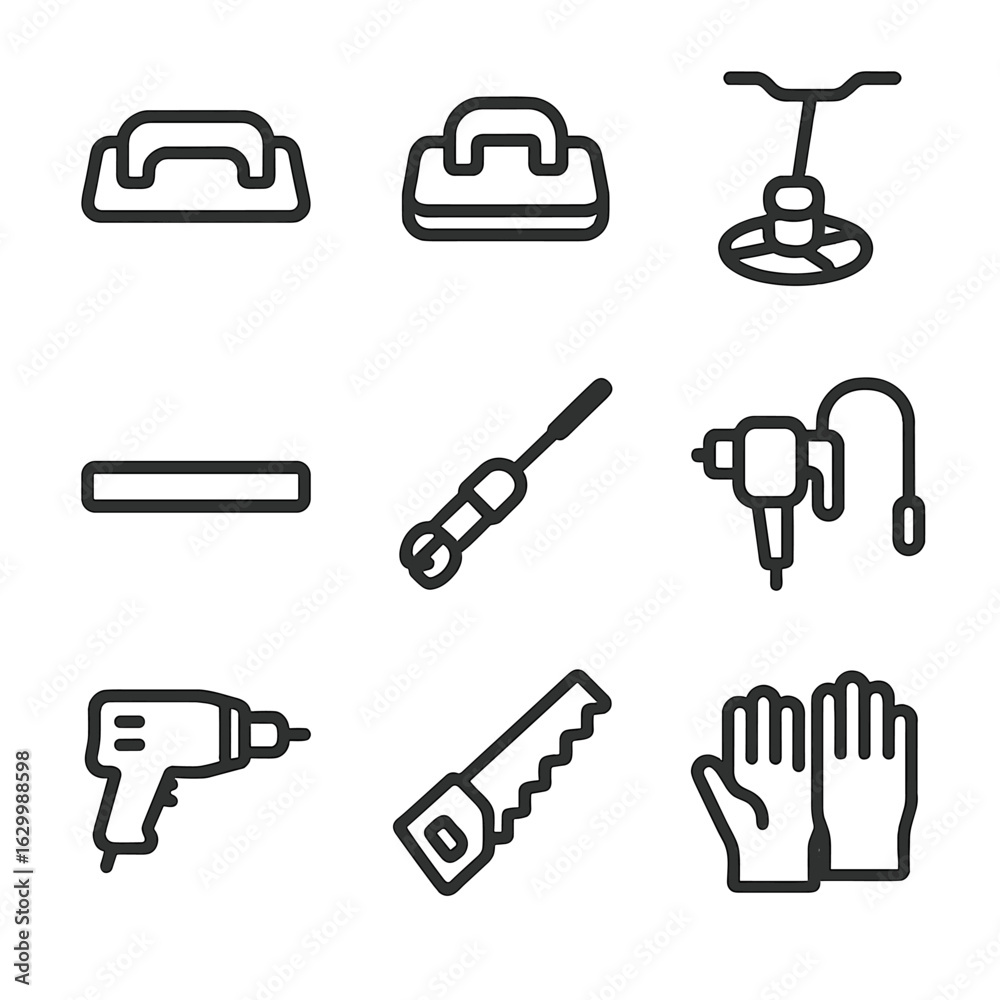 Concrete Tools Icons. Solid, filled icon set of concrete floor tools: concrete float, edger, power trowel, screed, rebar cutter, Concrete Tools Icons. Solid, filled icon set of concrete floor tools: concrete float, edger, power trowel, screed, rebar cutter,