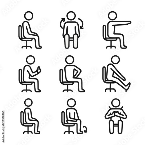 Desk Stretch Icons. Outline icon set of desk stretch exercises: neck tilt, shoulder roll, arm extension, wrist flex, torso twist,