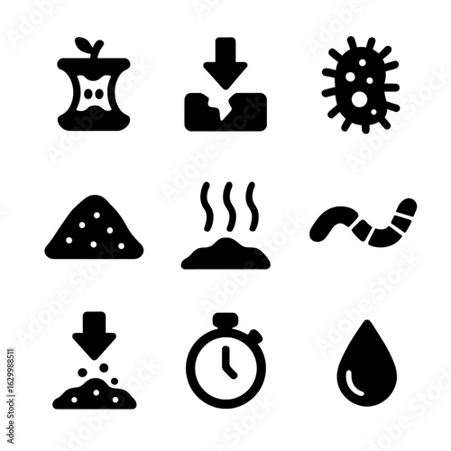 Composting Process Icons. Solid, filled icon set of composting and breakdown stages: item in compost bin, decay icon,
