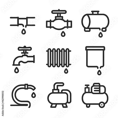 Leak Source Icons. Outline icon set of leak sources: pipe joint, valve, tank, faucet, radiator, container, hose, pump, compressor.