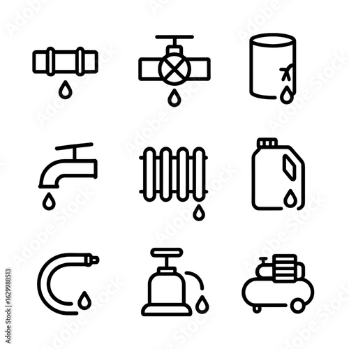Leak Source Icons. Outline icon set of leak sources: pipe joint, valve, tank, faucet, radiator, container, hose, pump, compressor.