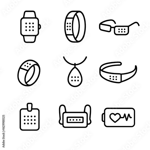 LED Wearable Icons. Outline icon set of LED wearable devices: LED smartwatch, LED fitness tracker, LED smart glasses, LED LED ring