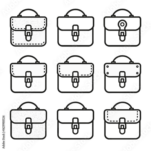 Leather Satchel Icons. Outline icon set of leather satchels: grain texture, smooth leather, buckle lock, stitched seam, embossed
