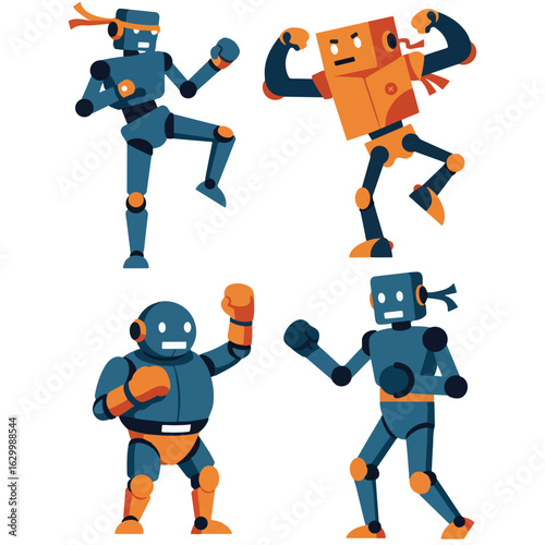 Flat vector illustration of Muay Thai themed robots
