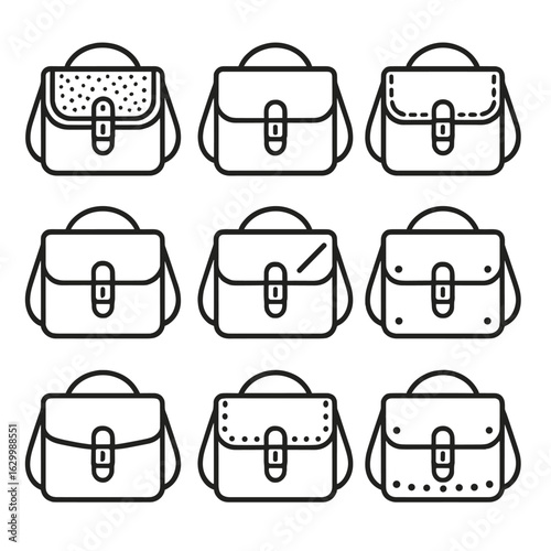 Leather Satchel Icons. Outline icon set of leather satchels: grain texture, smooth leather, buckle lock, stitched seam, embossed