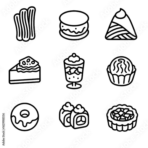 Dessert Fusion Icons. Outline icon set of dessert fusion creations: matcha churros, mochi ice cream sandwich, tiramisu crepe,