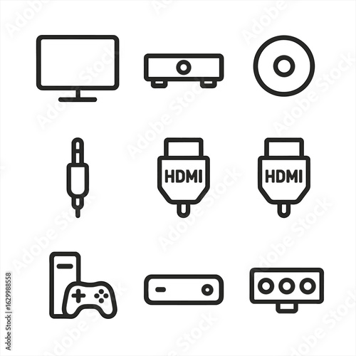 Device Icon Set. Outline icon set of device and input selectors: TV, DVD, Blu-ray, AUX, HDMI1, HDMI2, AV, gaming console,