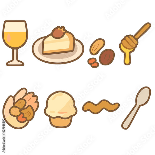 Dessert Wine Tasting. Flat vector mini-illustrations Dessert wine tasting in colors children’s illustrations: sweet wine glass,