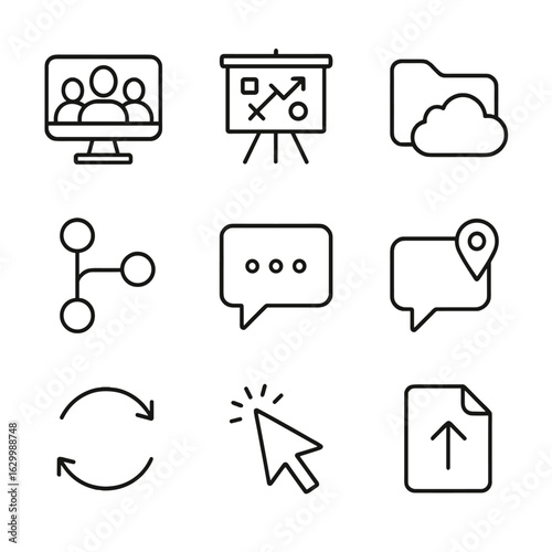 Digital Collaboration Icons. Outline icon set of digital collaboration platforms: video conference, shared whiteboard, cloud