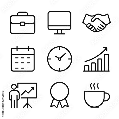 Lifetime Work Icons. Outline icon set of lifetime work: briefcase, computer, handshake, calendar, clock, graph, presentation,