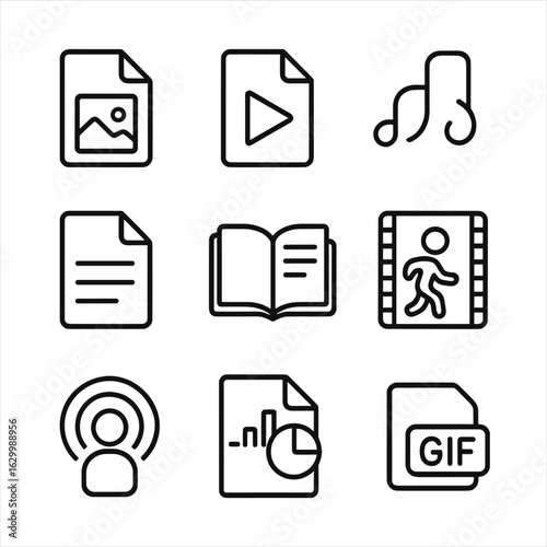 Digital Media Icons. Outline icon set of digital content types: image file, video file, audio file, document file, ebook,