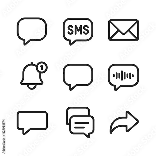 Communication Icons Grid. Outline icon set of message types: chat bubble, SMS, email envelope, notification badge, direct message,