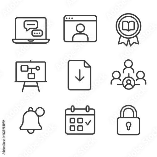 Digital Mentorship Icons. Outline icon set of digital mentorship platforms: laptop screen with chat, video call window, online