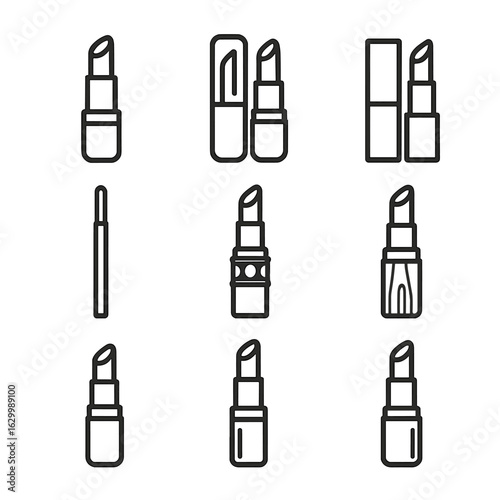 Lipstick Icon Set. Outline icon set of lipstick packaging: classic tube, transparent cap, magnetic closure, rectangular case, slim