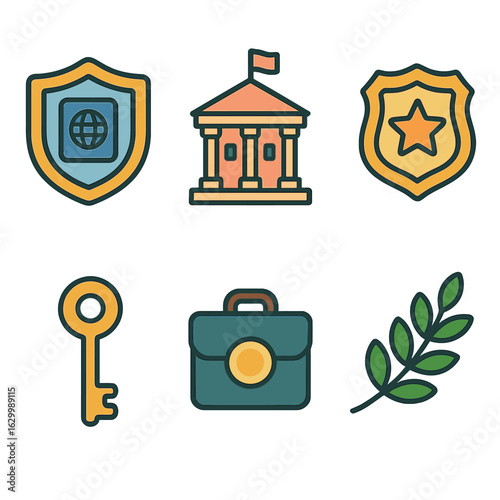 Diplomatic Icons for Kids. Flat vector mini-illustrations Diplomatic immunity in colors children’s illustrations: passport shield,