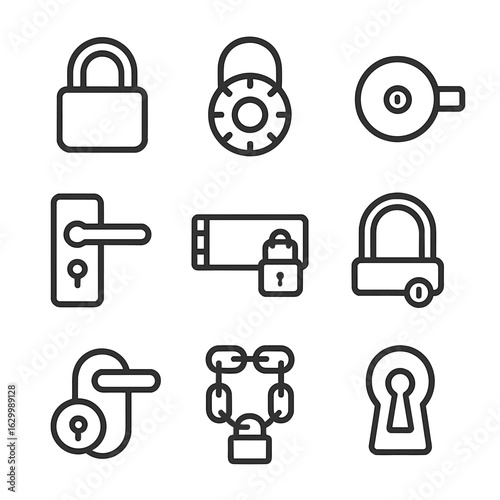 Lock Icon Set. Outline icon set of physical locks: padlock, combination lock, deadbolt, door lock, locker latch, bike lock,