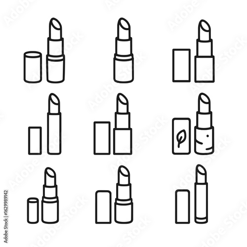 Lipstick Icon Set. Outline icon set of lipstick packaging: classic tube, transparent cap, magnetic closure, rectangular case, slim
