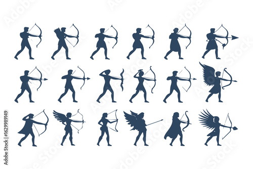 Collection of archer silhouettes in various poses. Vector illustration set of mythological hunters and warriors isolated on a white background.